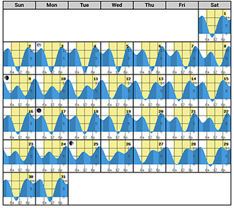 Monthly tide calendar example with daylight hours